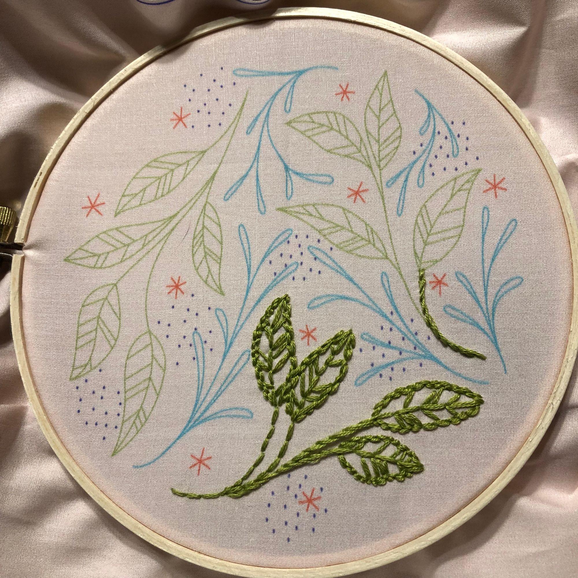 Close up on an embroidery hoop printed with a whimsical pattern of green leaves and blue vines, decorated here and there with dark blue dots and orange-red seven-pointed stars. Some of the leaves -- about a third -- have been embroidered with dark green thread.