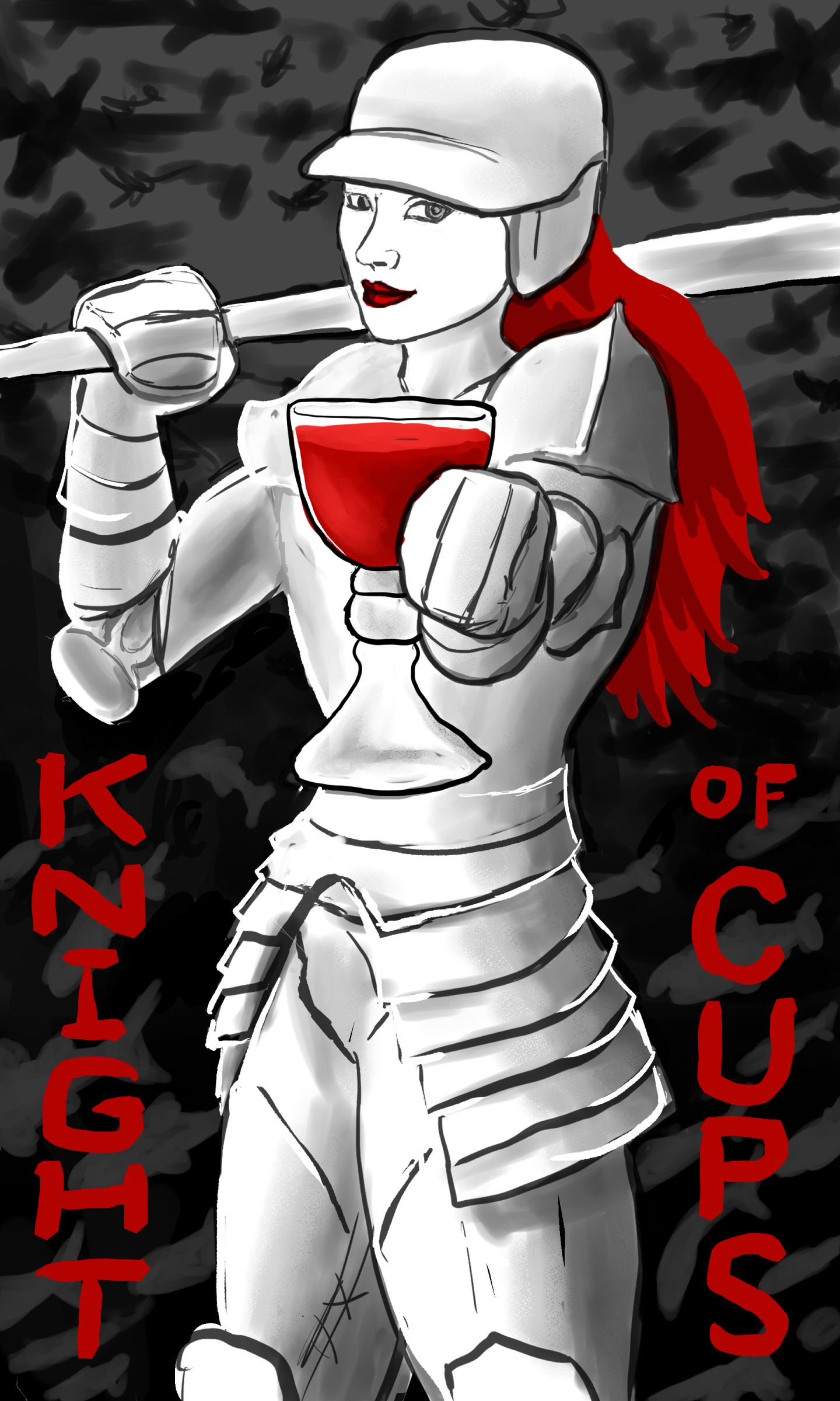 Knight of Cups: A woman clad in white knight's armour, with blood-red hair, holding a baseball bat over her right shoulder while offering the viewer a cup of red liquid with her left hand. The background behind her is grey at the top, with indistinct figures of birds in black; it is black at the bottom, with indistinct figures of sharks swimming in grey. 