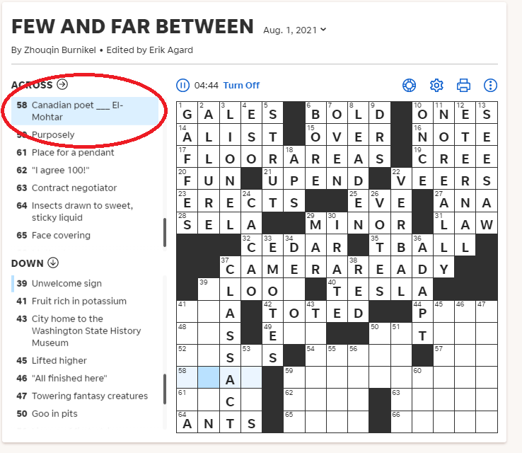 A partially filled in crossword grid; Across-58 reads "Canadian poet ___ El-Mohtar"