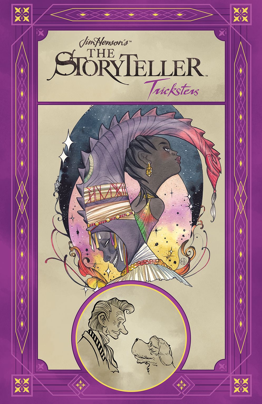 Cover for Jim Henson's THE STORYTELLER: TRICKSTERS hardcover volume. A purple border surrounds the title and central images featuring Peach Momoko's cover art from Jordan Ifueko and Erin Kubo's collaboration, depicting a stylized young Black woman's form half-merged with a sharp-toothed grinning interpretation of Eshu, the Yoruba god of mischief. Below them, enclosed in a circle, the titular Storyteller and his dog gaze at each other fondly. 