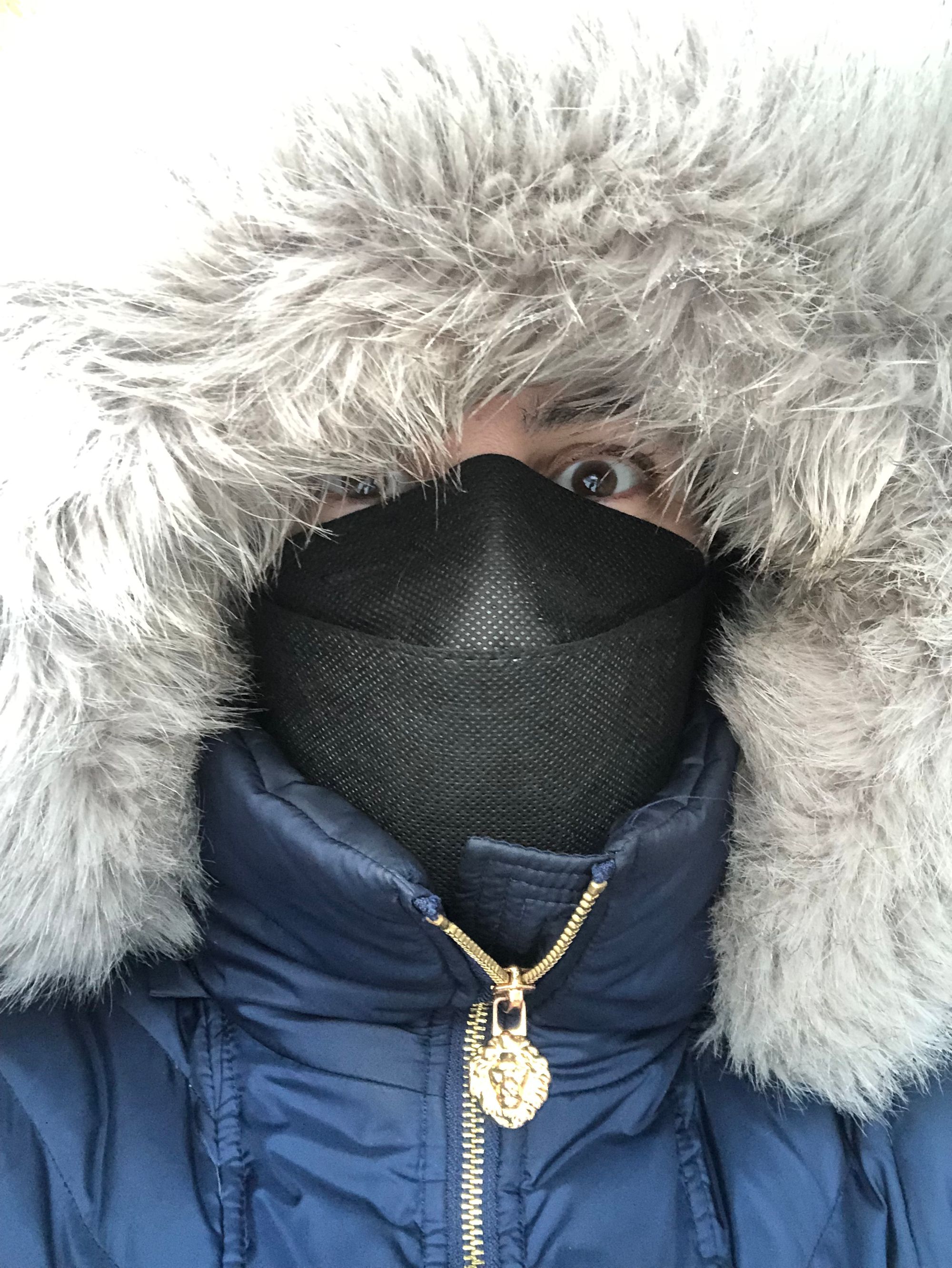 Selfie in which I'm wearing a black KF94 mask and a dark blue winter coat with a hood extravagantly lined with synthetic fur. My whole face is obscured except for one brown eye on the right side of the photo. 