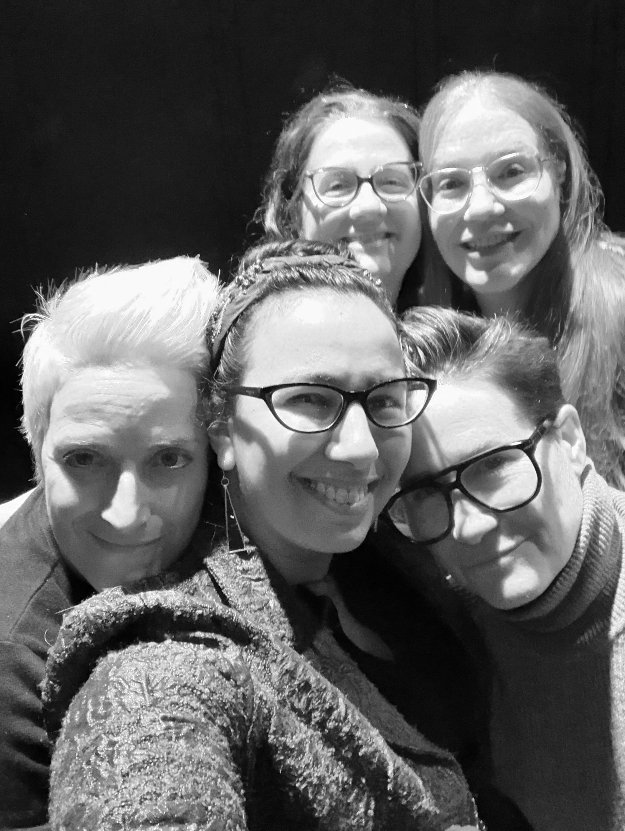 Selfie with my friends, in black and white. Clockwise from left: Margo MacDonald, me, A. M. Dellamonica, Kelly Robson, V. W. Titus 