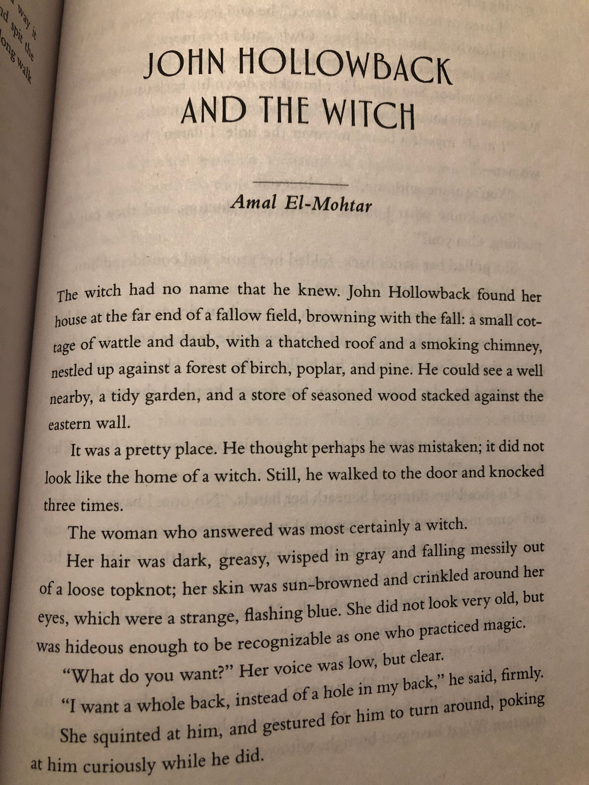 First page of my story. It reads as follows: The witch had no name that he knew. John Hollowback found her house at the far end of a fallow field, browning with the fall: a small cottage of wattle and daub, with a thatched roof and a smoking chimney, nestled up against a forest of birch, poplar, and pine. He could see a well nearby, a tidy garden, and a store of seasoned wood stacked against the eastern wall. It was a pretty place. He thought perhaps he was mistaken; it did not look like the home of a witch. Still, he walked to the door and knocked three times. The woman who answered was most certainly a witch. Her hair was dark, greasy, wisped in grey and falling messily out of a loose top knot; her skin was sun-browned and crinkled around her eyes, which were a strange, flashing blue. She did not look very old, but was hideous enough to be recognisable as one who practiced magic. “What do you want?” Her voice was low, but clear. “I want a whole back, instead of a hole in my back,” he said, firmly. She squinted at him, and gestured for him to turn around, poking at him curiously while he did.
