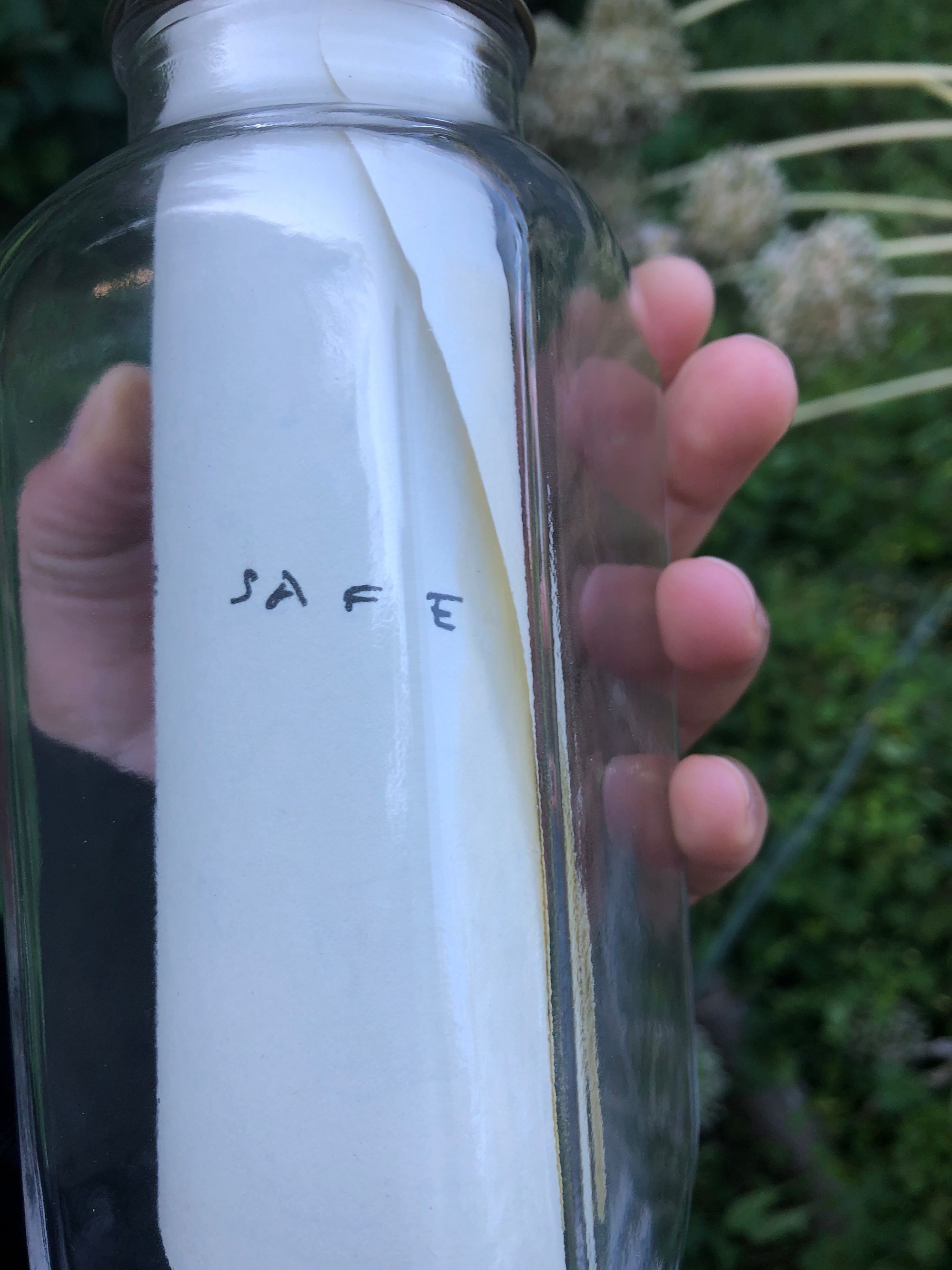 The same glass bottle, held up in my hand, but rotated so that the rolled up piece of paper within reads "Safe"