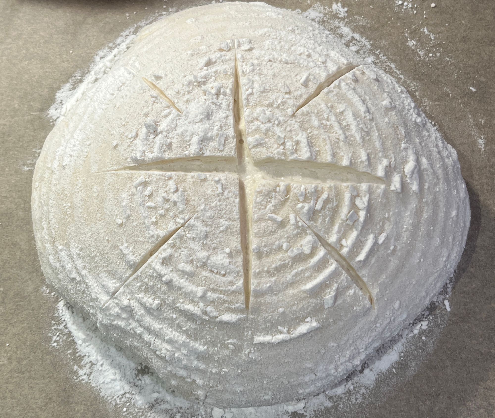 A sourdough boule ready to be baked, marked with concentric flour rings from the proofing basket and slashed in the shape of a compass rose or four-pointed star with smaller diagonal marks pointing into its corners.