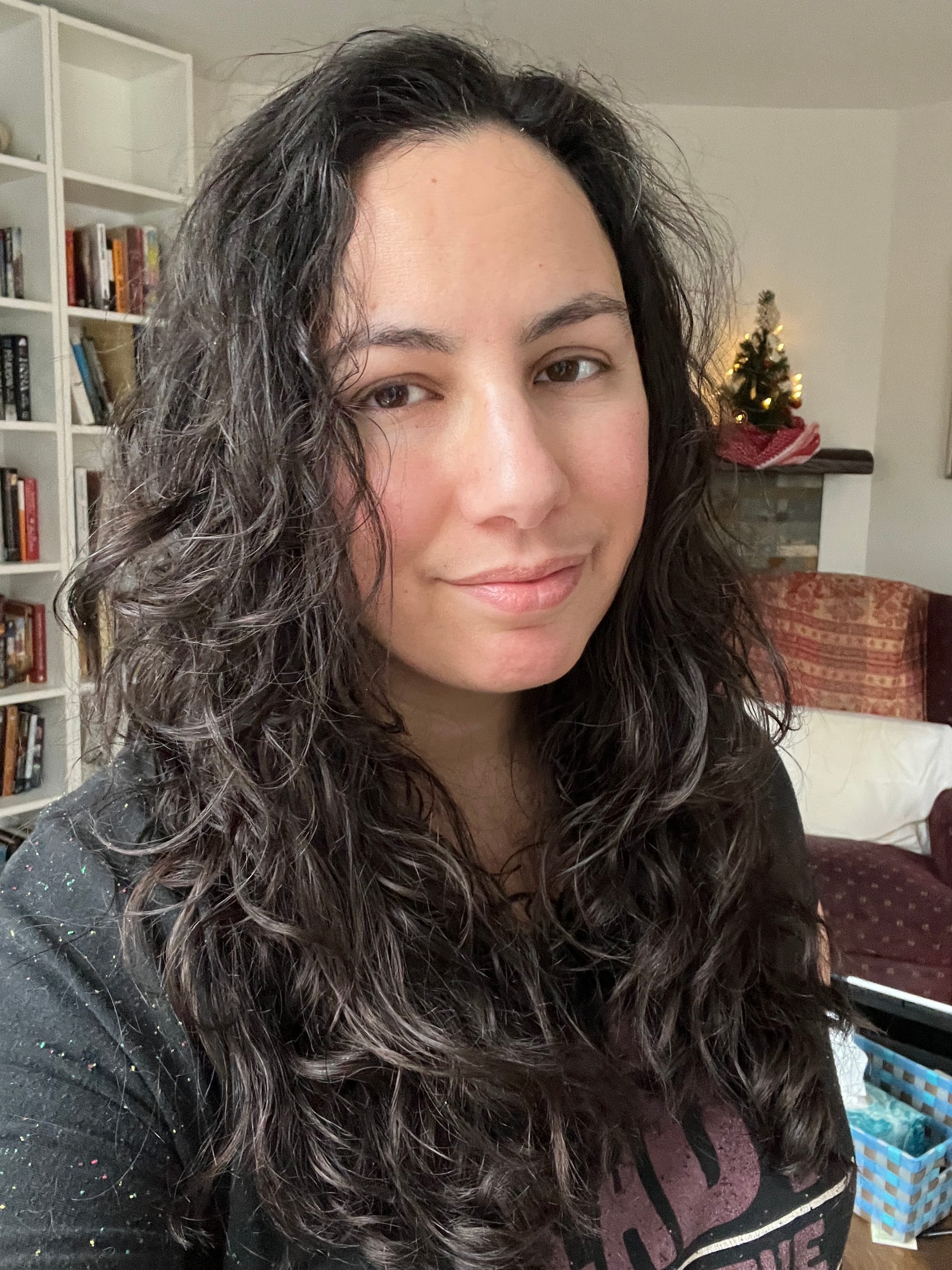 Selfie in which I'm smiling tiredly while my long dark hair is rocking some frankly spectacular waves over a Hadestown "Our Lady of the Underground" t-shirt. In the background are bookshelves and a very tiny Christmas tree on a mantle above the fireplace, wrapped in a red and white keffiyeh.