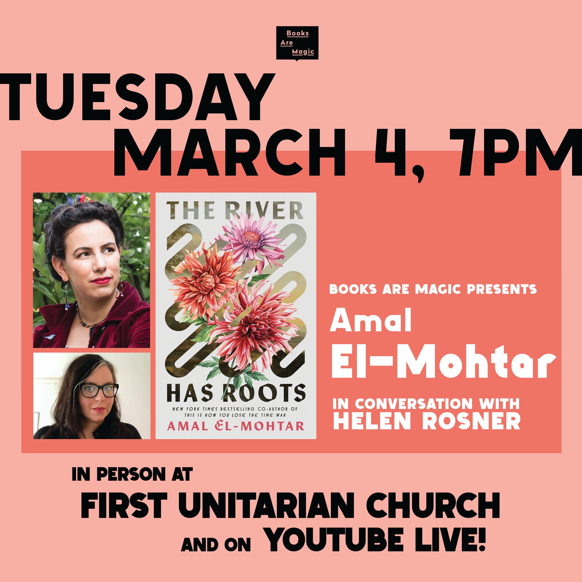 Publicity graphic for an in-conversation event with Helen Rosner through Books Are Magic in NYC, Tuesday March 4 at 7PM at First Unitarian Church and on Youtube Live.