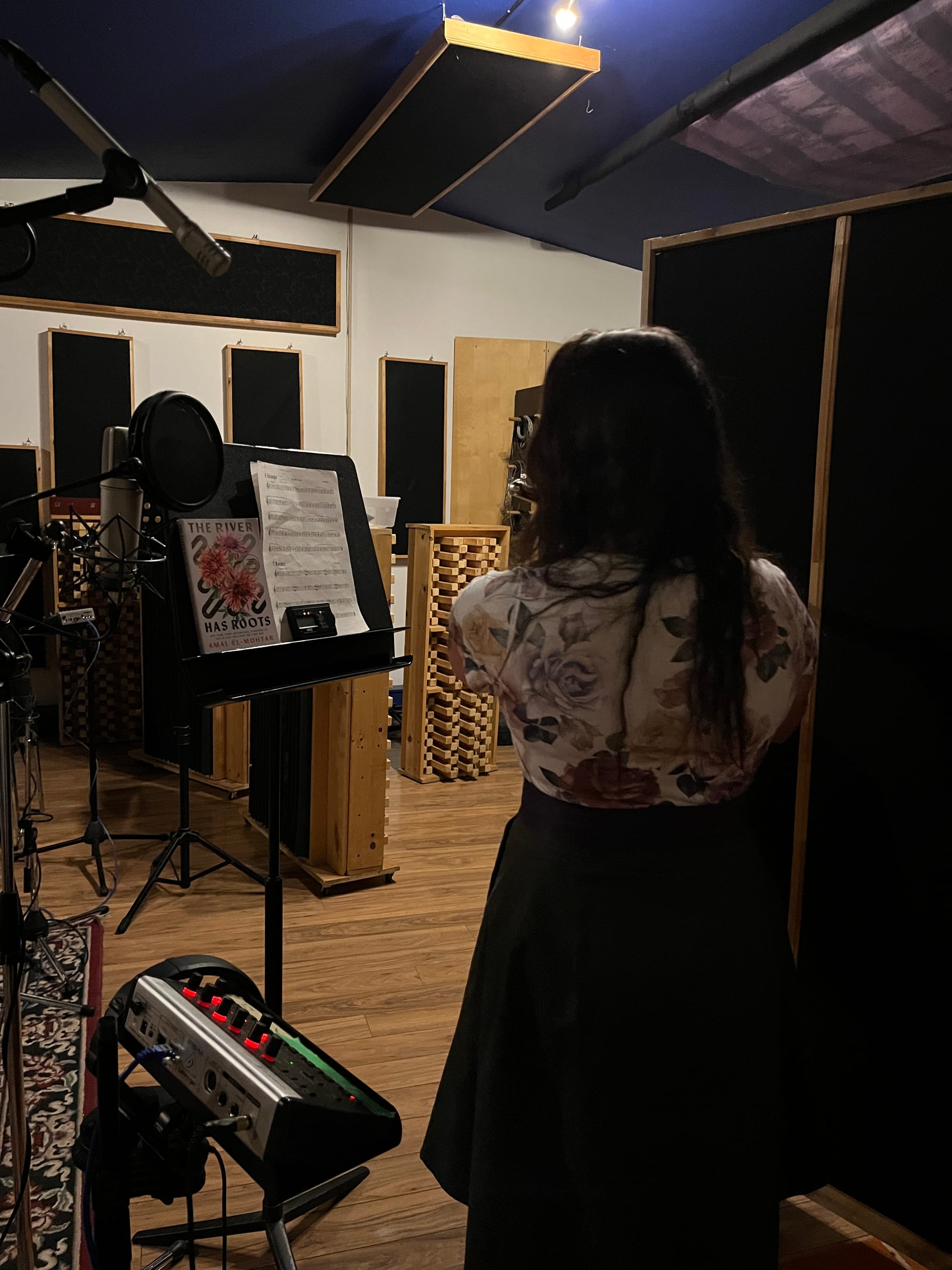 A photo of my sister, taken from the back, in the same recording studio, while she plays flute. She's wearing a floral-patterned shirt that echoes the cover of THE RIVER HAS ROOTS on the music stand next to her sheet music.