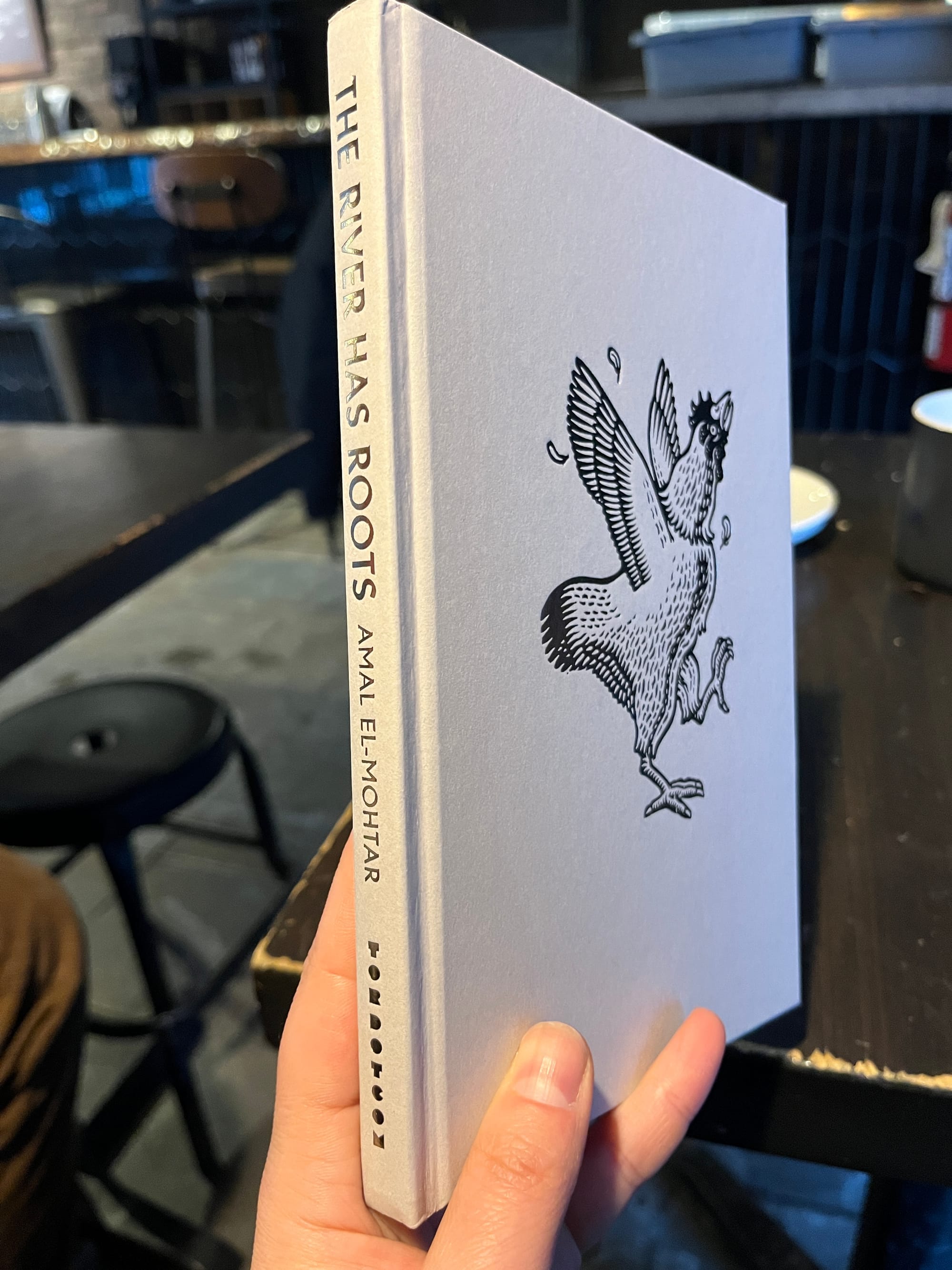 The naked book held up at a diagonal that shows the title and my name on the spine over Tordotcom's colophon as well as a flapping chicken centred on the front cover. The words and illustration are in a shiny silver.