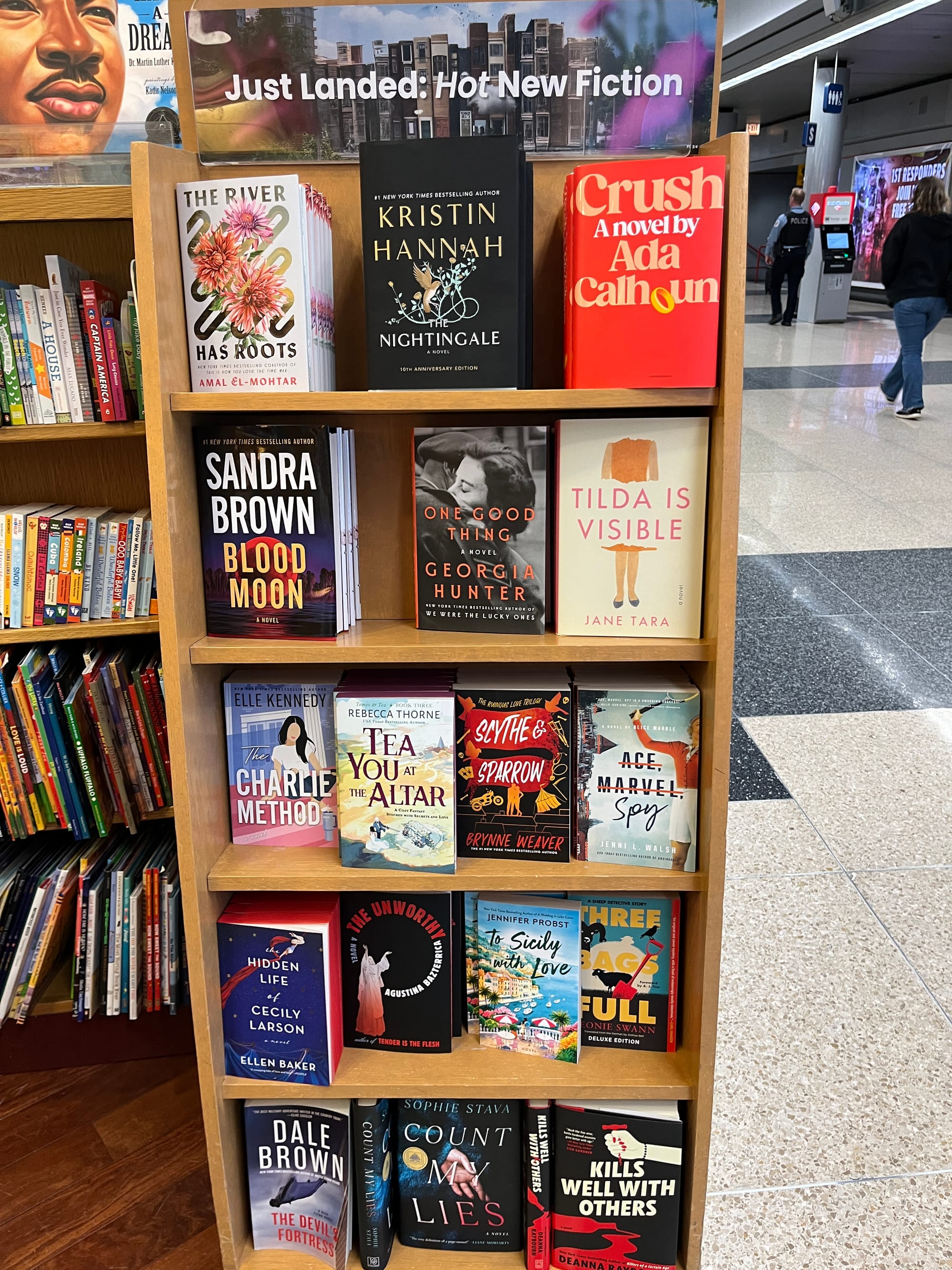 A display stand titled “Just Landed: HOT New Fiction,” where at the top left is a faced-out stack of THE RIVER HAS ROOTS, my tiny solo debut!