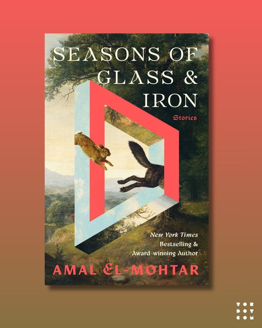 On a gradient background that goes from blush-pink at the top to a muddy green at the bottom, a book cover. Super-imposed on a pastoral, oil-painting background depicting a forested foreground and a hilly background beneath a soft champagne sky, is superimposed a 3-dimensional rhomboid-shape, the facets of which play with space. One facet shows a pale cloudy sky, and from it, a brown hare emerges chasing the hind legs and bushy tail of a wolf, the rest of which vanishes out of the rhomboid frame. The rhomboid's other facets -- which create the kind of infinity loop of an Escher painting -- are either blush-pink or covered in the greenery from the background. Above the rhomboid is the title, and the subtitle "Stories"; below it are the words New York Times Bestselling & Award-winning Author Amal El-Mohtar. My name and the word "Stories" are in the same blush-pink as the rhomboid's facets.