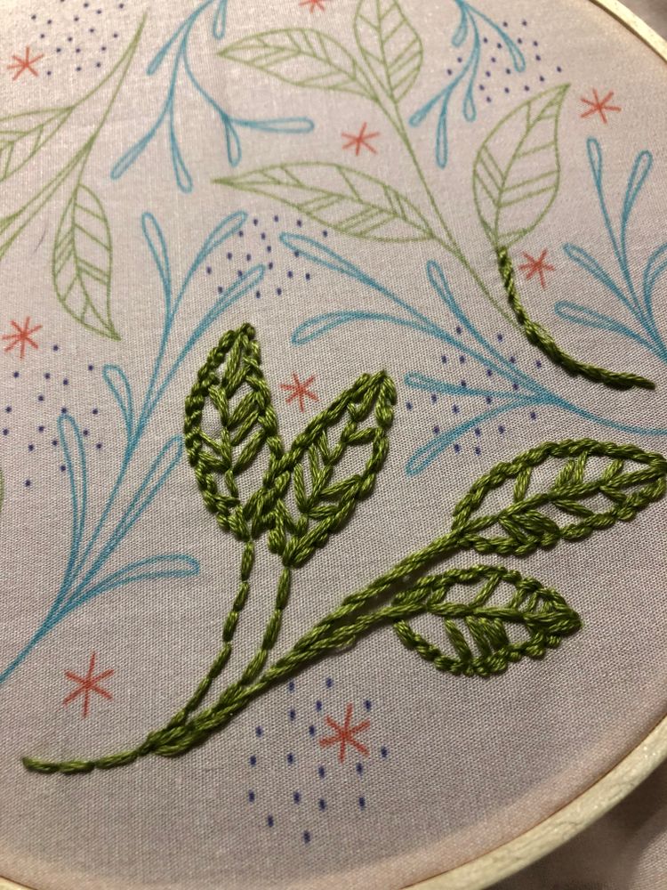Close-up on an embroidery hoop, featuring long-stemmed leaves embroidered in dark green thread with yellow highlights to it.