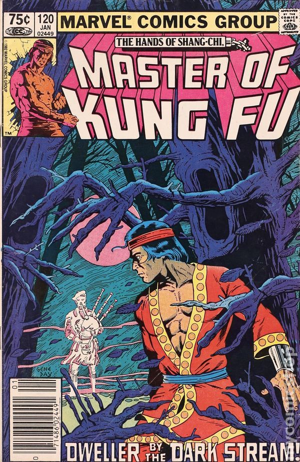 A Shang-Chi comic cover, "Dweller by the Dark Stream," with Shang-Chi in a spooky forest looking towards a ghostly bag-piper.