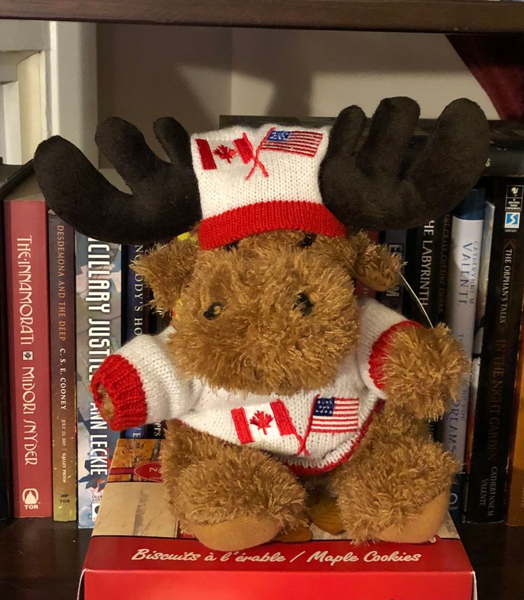 A stuffed moose toy sits on a box of maple cookies wearing clothes on which are embroidered the US & Canadian flags.