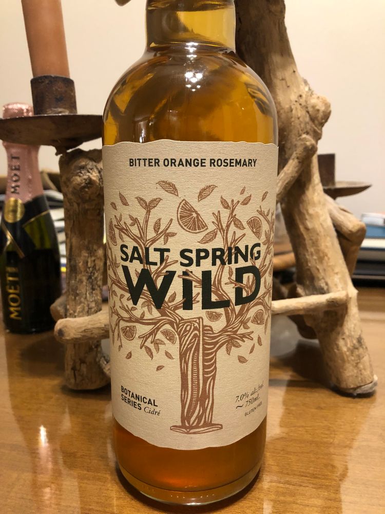 A bottle of Salt Spring Wild cider flavoured with bitter orange and rosemary.