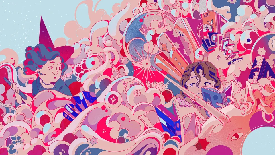 Deborah Lee illustration mixing fantasy elements in cloudy waves of reds, pinks & blues, including a witch & unicorn.